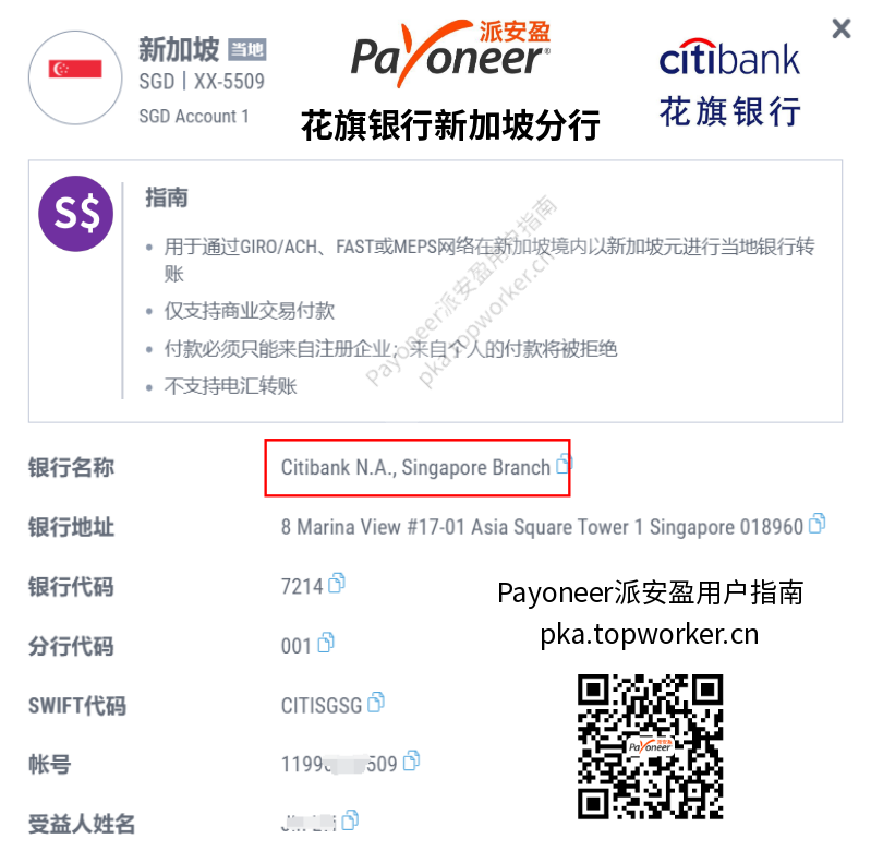 Payoneer新加坡元收款账户-花旗银行新加坡分行
