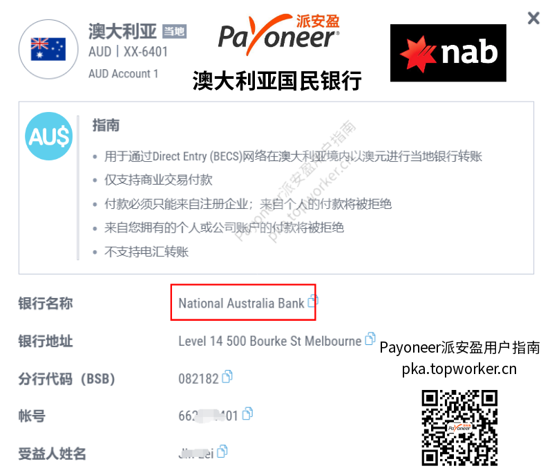 Payoneer澳大利亚元收款账户-澳大利亚国民银行