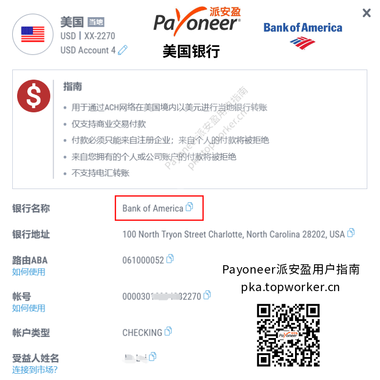 Payoneer美元收款账户-美国银行