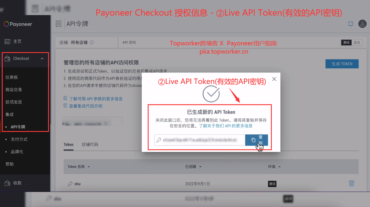 Payoneer-Checkout-授权信息-②Live-API-Token有效的API密钥