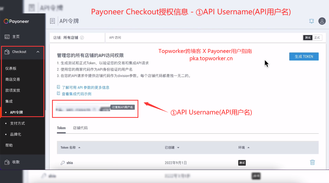 Payoneer-Checkout授权信息-①API-UsernameAPI用户名