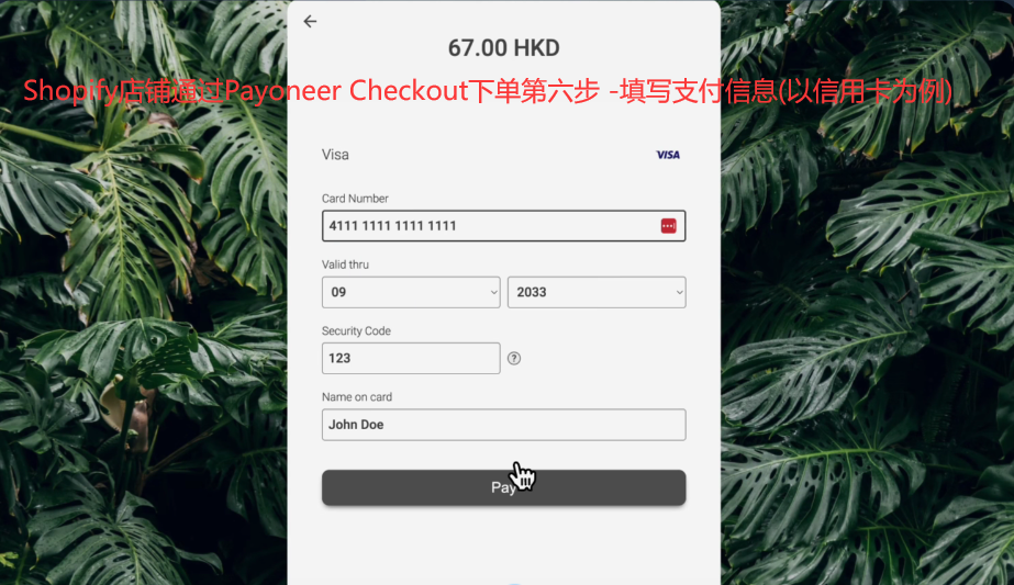 Shopify店铺通过Payoneer-Checkout下单第六步-填写支付信息以信用卡为例