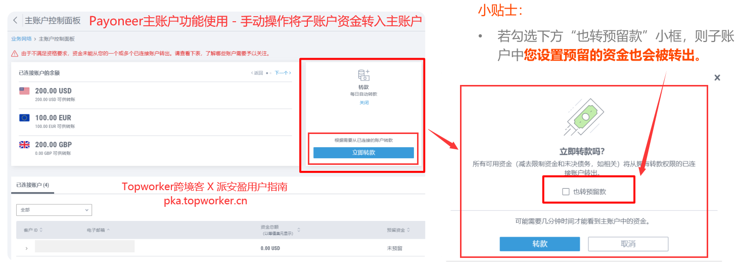 Payoneer主账户功能使用-手动操作将子账户资金转入主账户