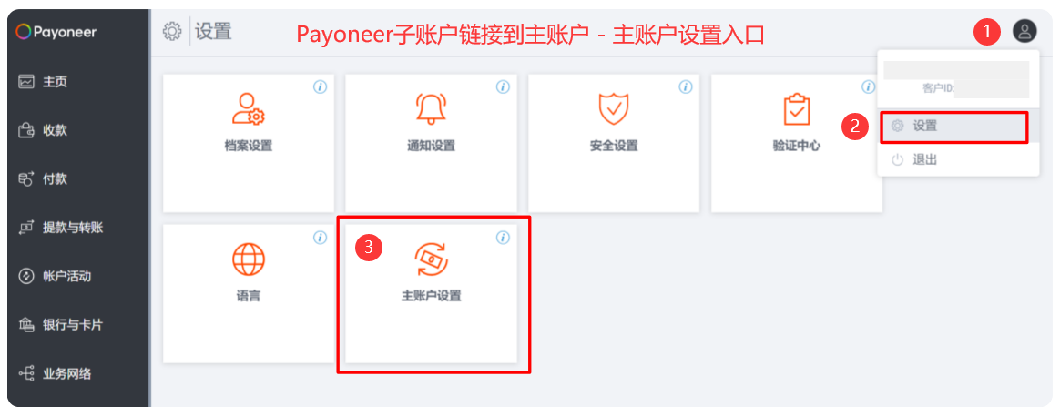 Payoneer子账户链接到主账户-主账户设置入口