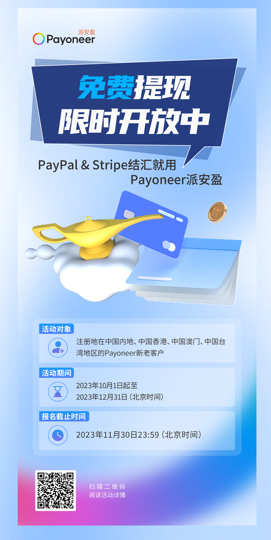 2023年年底大促，Payoneer新老用户收取PayPalStripe款项享三个月免费提现
