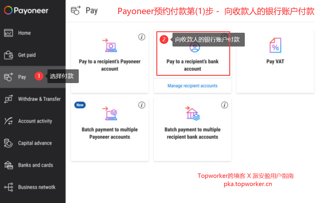 Payoneer预约付款第1步-向收款人的银行账户付款