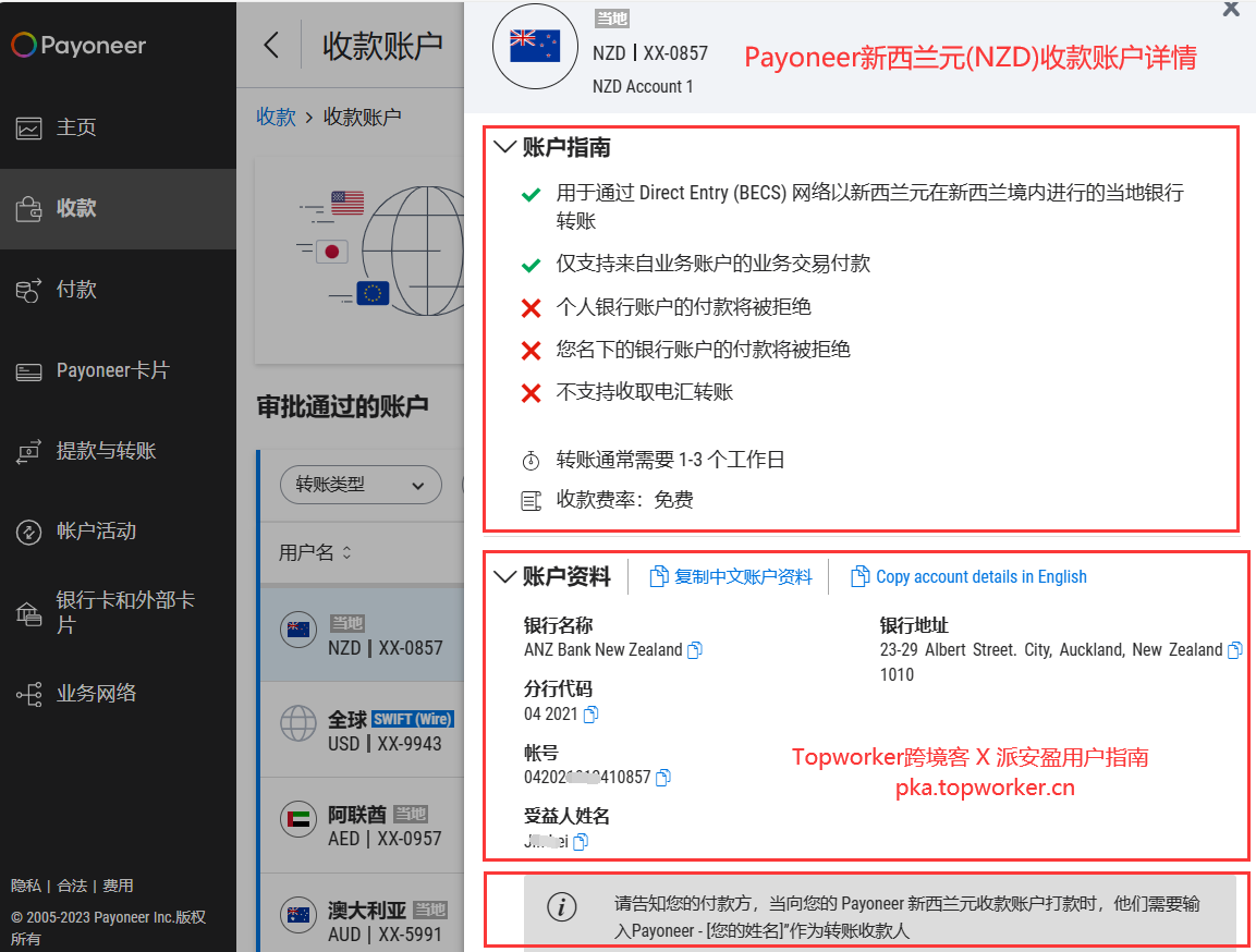 Payoneer新西兰元NZD收款账户详情