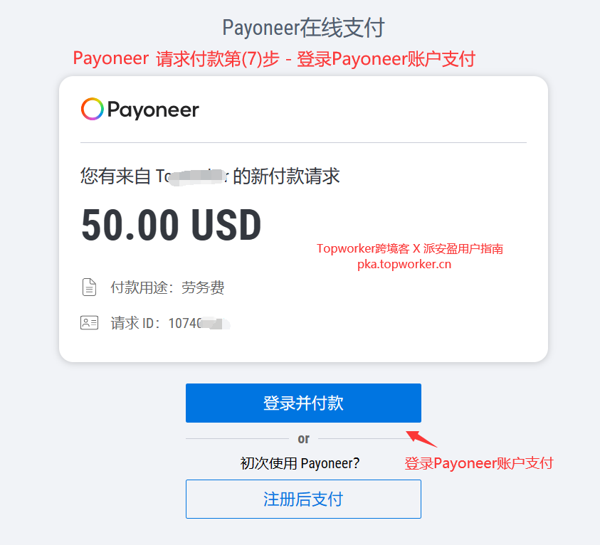 Payoneer请求付款第7步-登录Payoneer账户支付