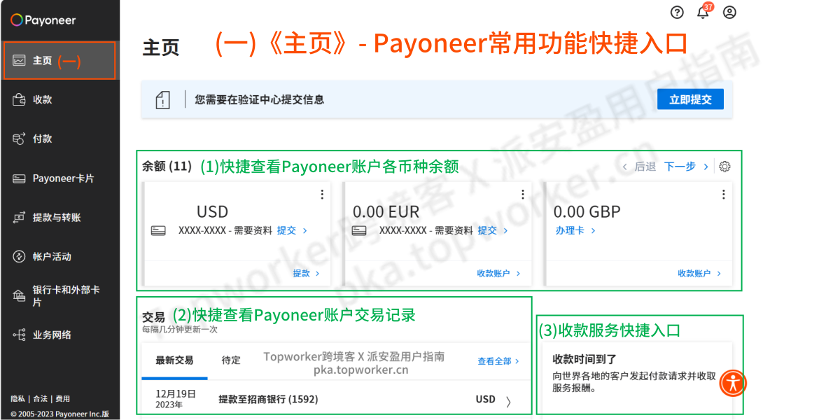 Payoneer主页-常用功能快捷入口